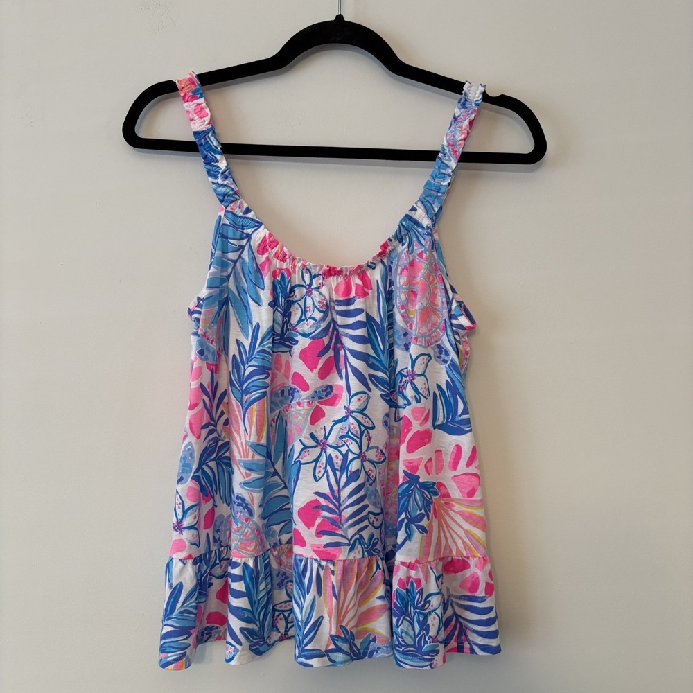 Lilly Pulitzer Loro Top Treasure Trove Size S Ruffles Resort Preppy Sea Turtles